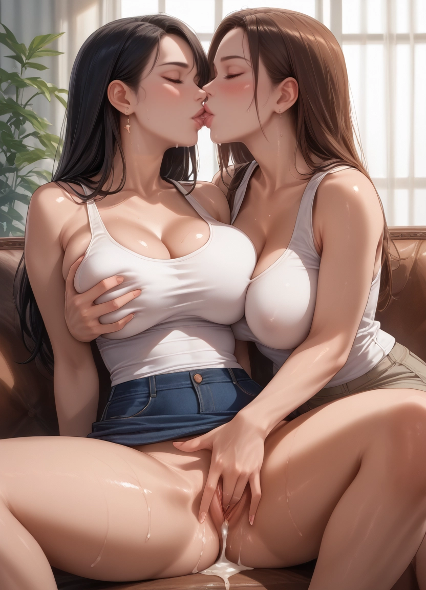breasts, grabbing, multiple girls, 2girls, breast grab, kiss · Yamete.gg