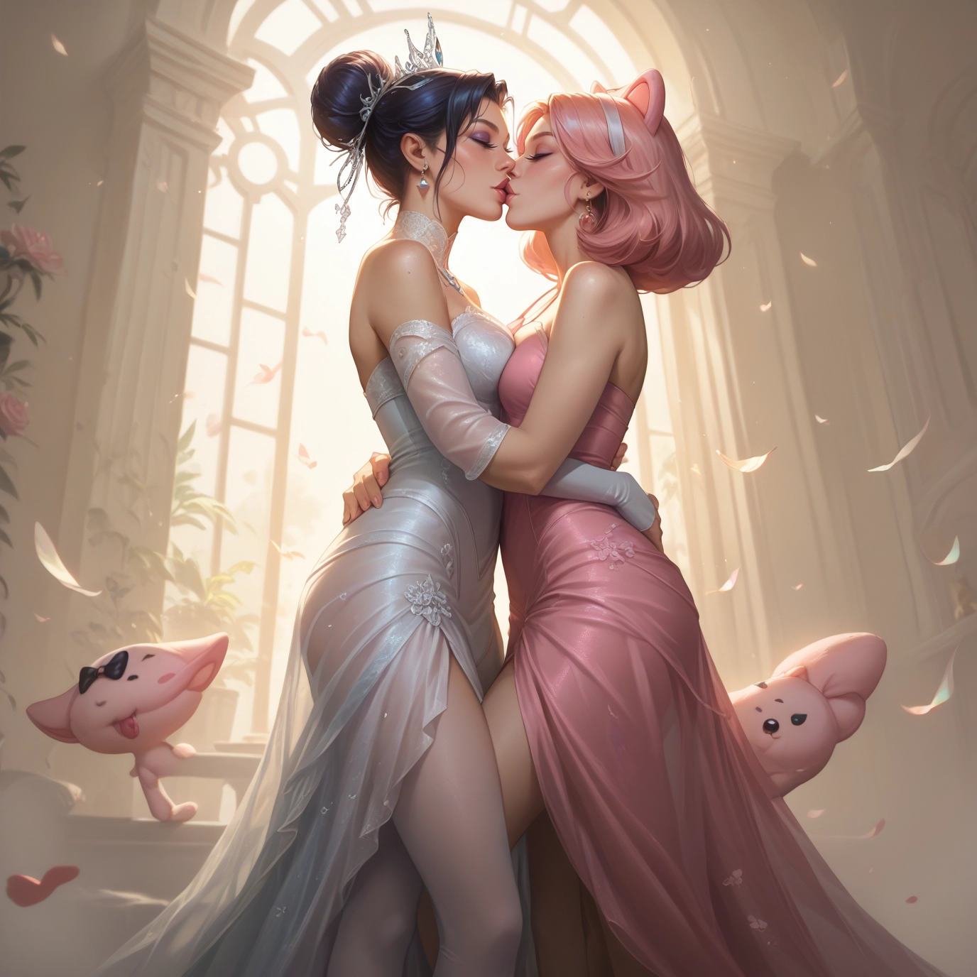 multiple girls, 2girls, dress, pink hair, yuri, kiss · Yamete.gg