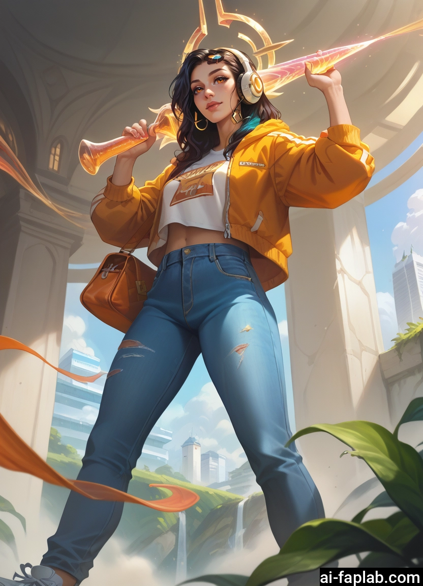 1girl, pants, solo, headphones, denim, jeans