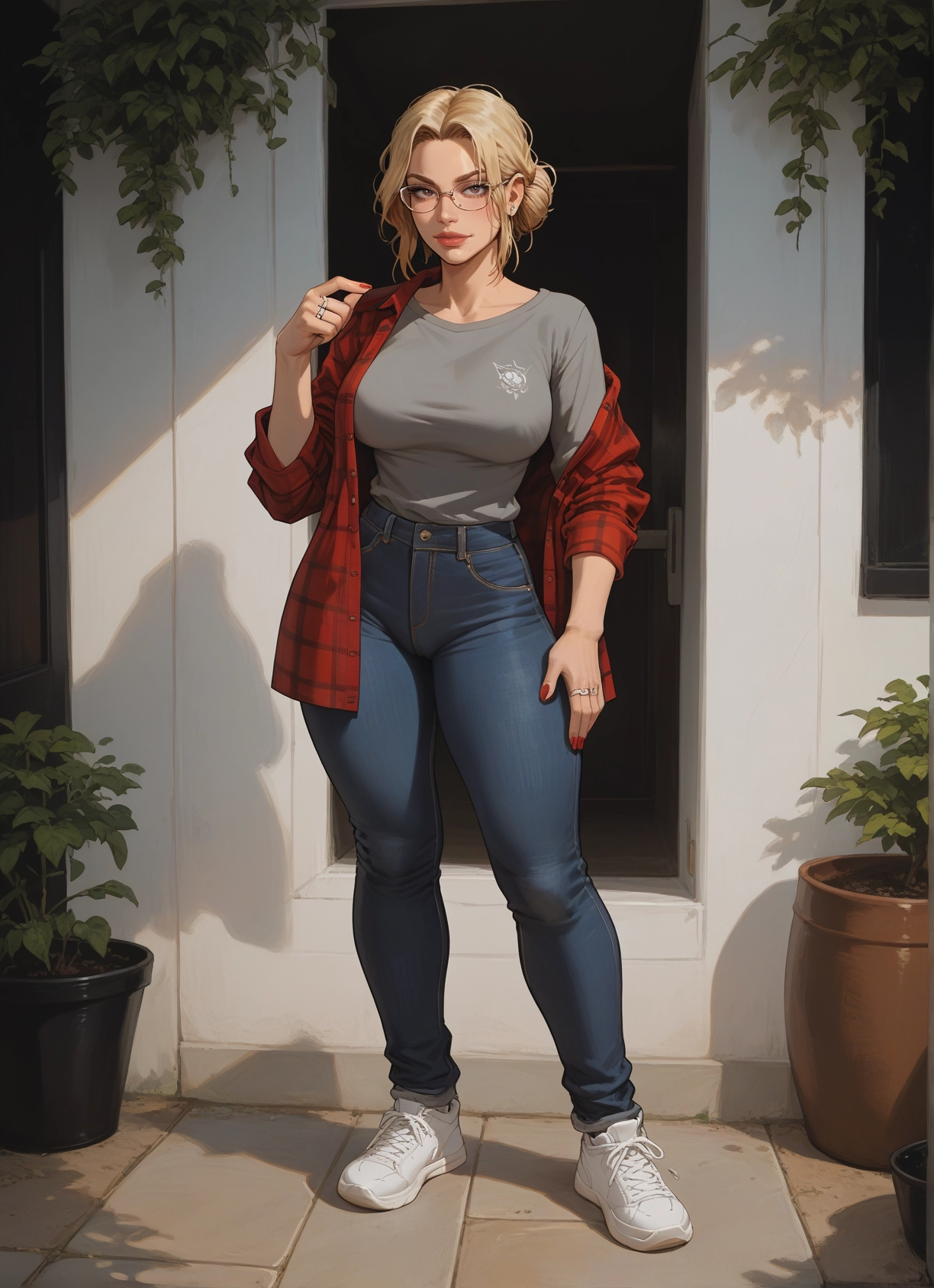 1girl, pants, blonde hair, jewelry, glasses, breasts · Yamete.gg
