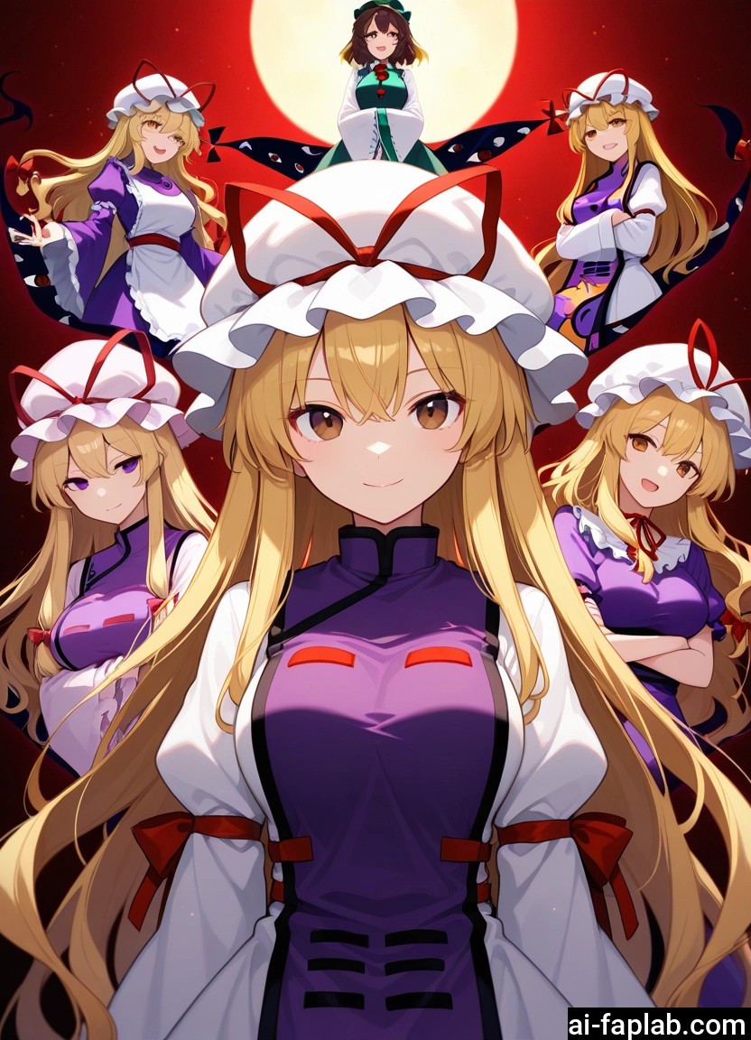 blonde hair, multiple girls, hat, gap (touhou), long hair, mob cap · Yamete.gg