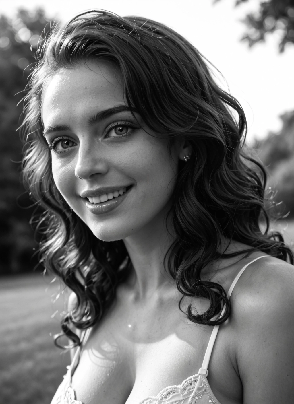 1girl, greyscale, monochrome, solo, jewelry, smile · Yamete.gg