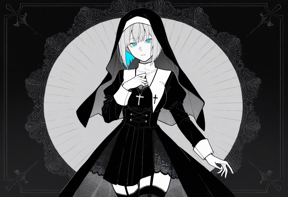 1girl, solo, nun, blue eyes, thighhighs, jewelry · Yamete.gg