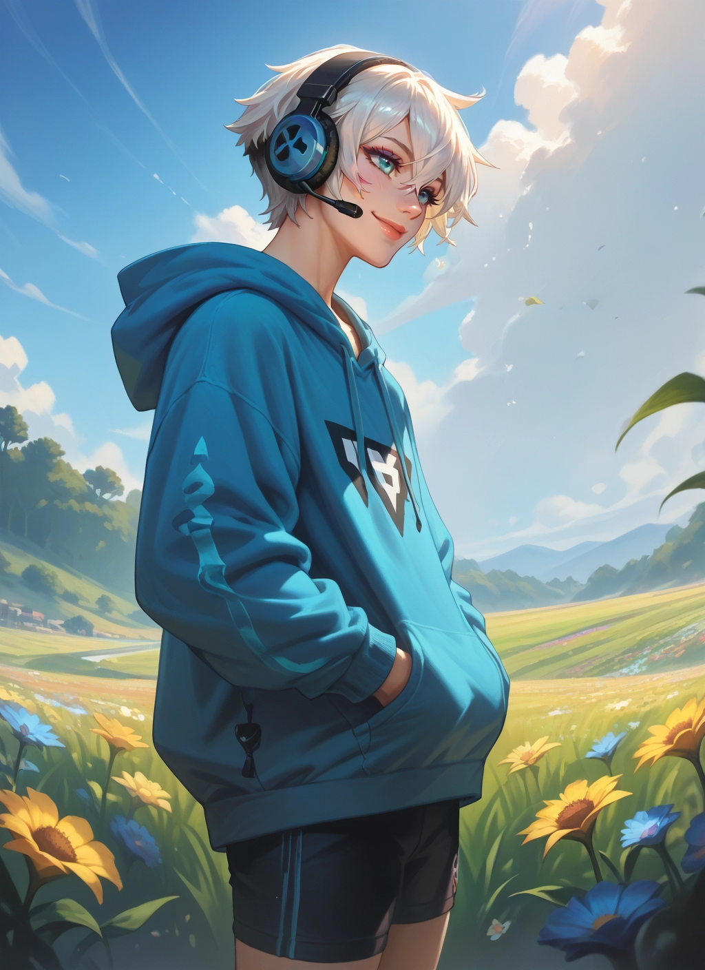 flower, shorts, hood, solo, headphones, sky · Yamete.gg