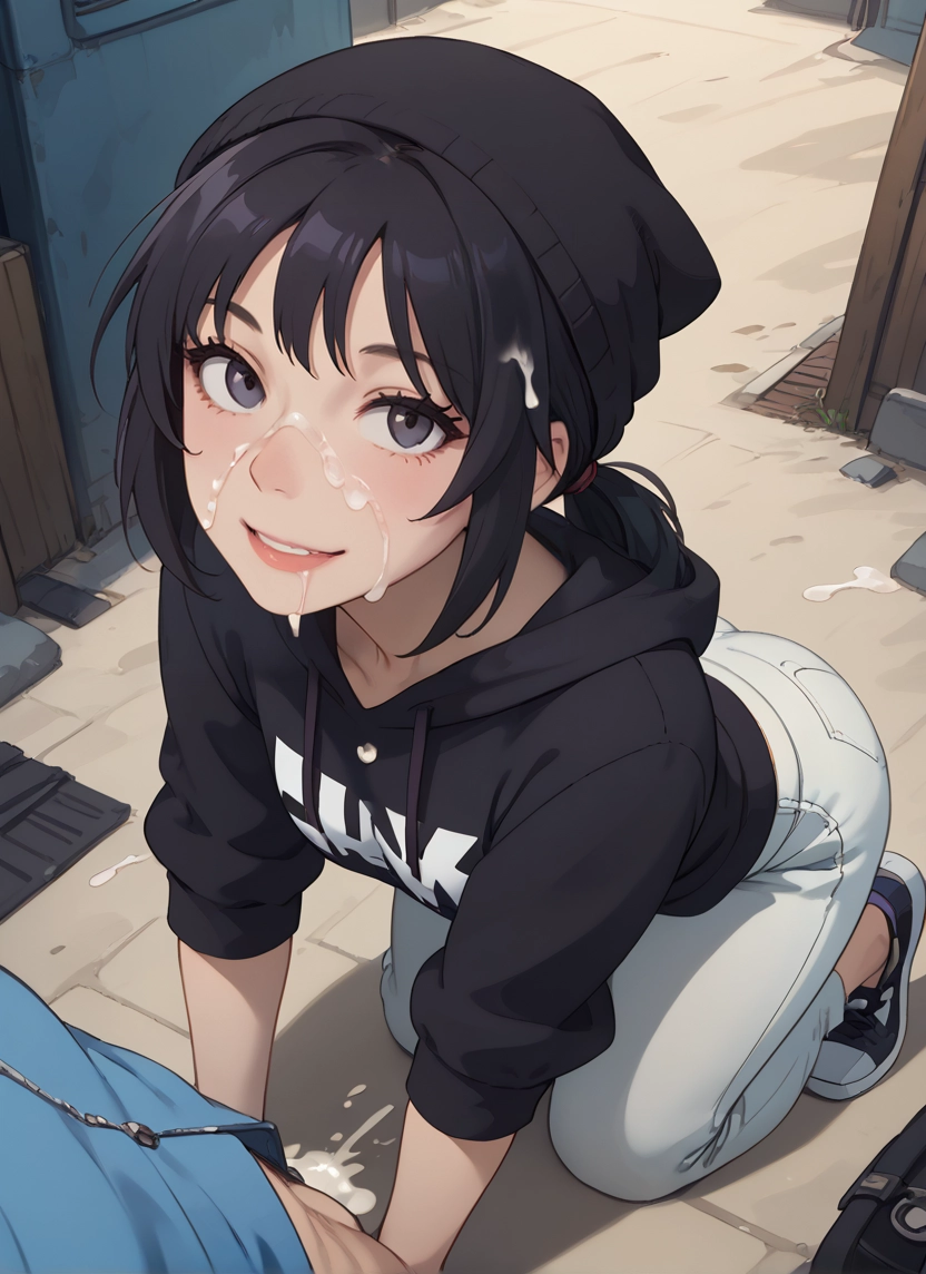 1girl, black hair, facial, 1boy, hood, hat · Yamete.gg