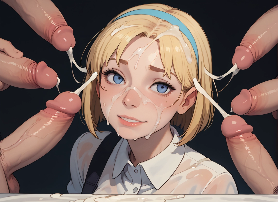 1girl, penis, blue hairband, hairband, cum, hetero