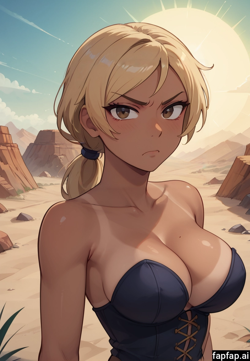 1girl, breasts, blonde hair, solo, tan, cleavage