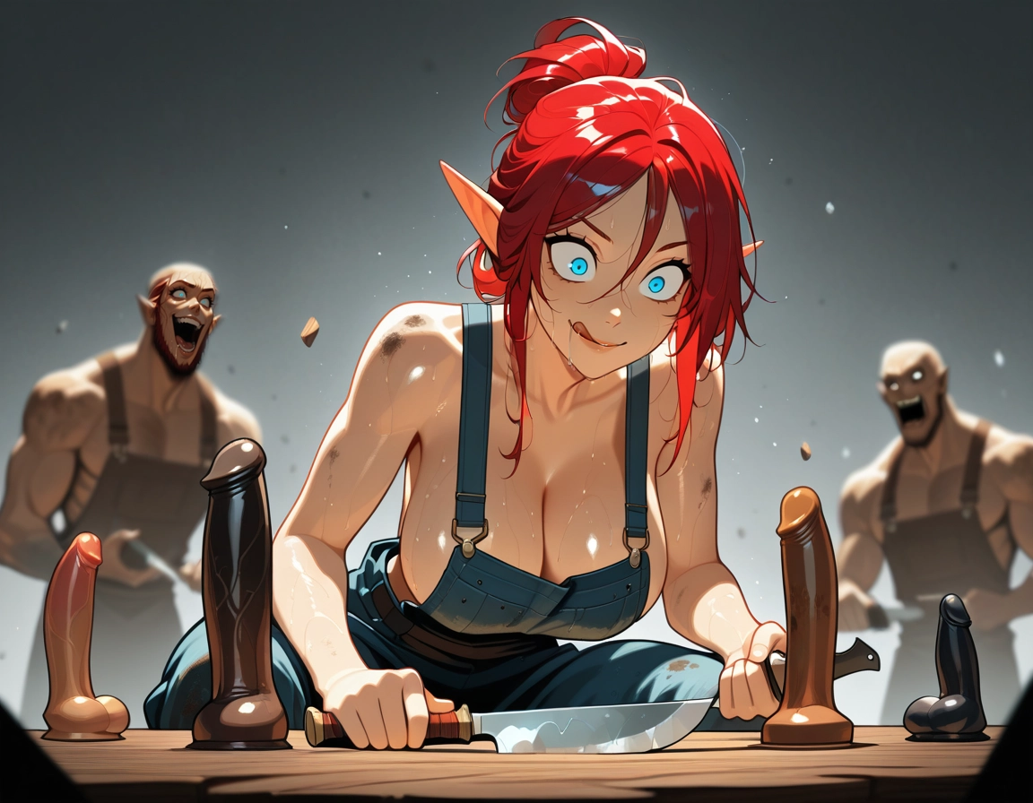 1girl, breasts, pointy ears, overalls, multiple boys, tongue · Yamete.gg