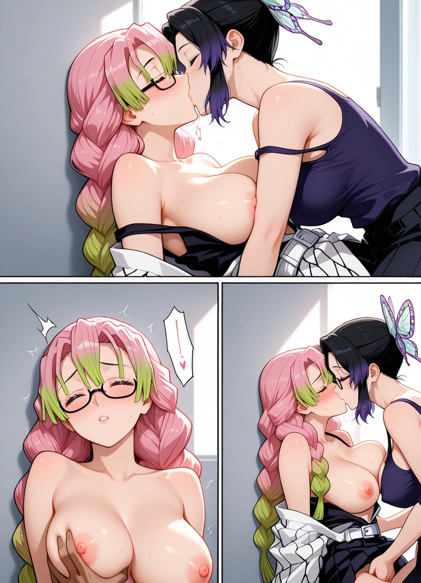 breasts, nipples, kiss, pink hair, multiple girls, 2girls · Yamete.gg