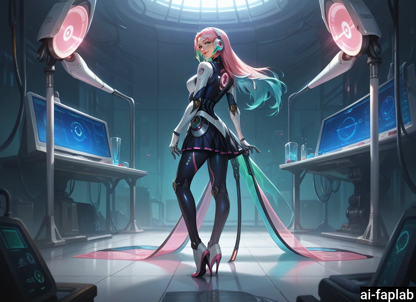 1girl, pink hair, long hair, solo, multicolored hair, high heels
