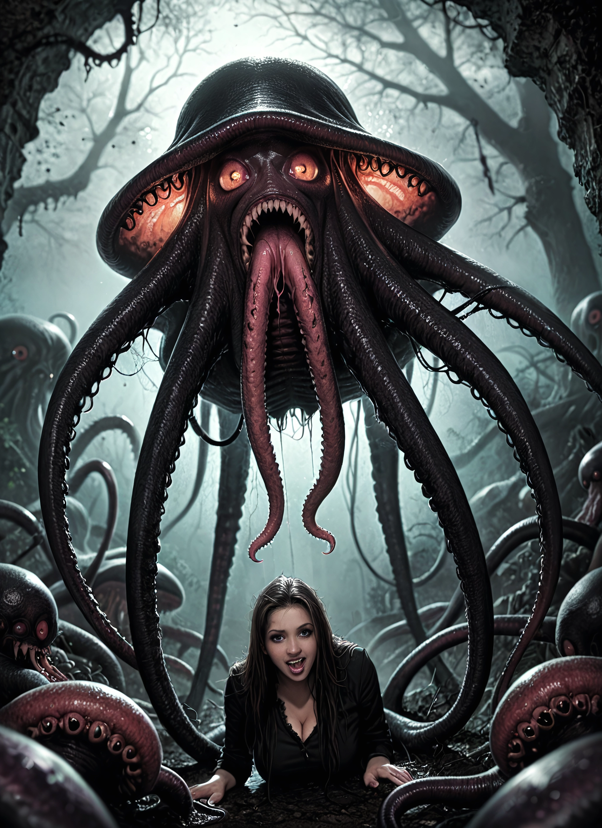 1girl, breasts, tentacles, cleavage, tongue, large breasts · Yamete.gg