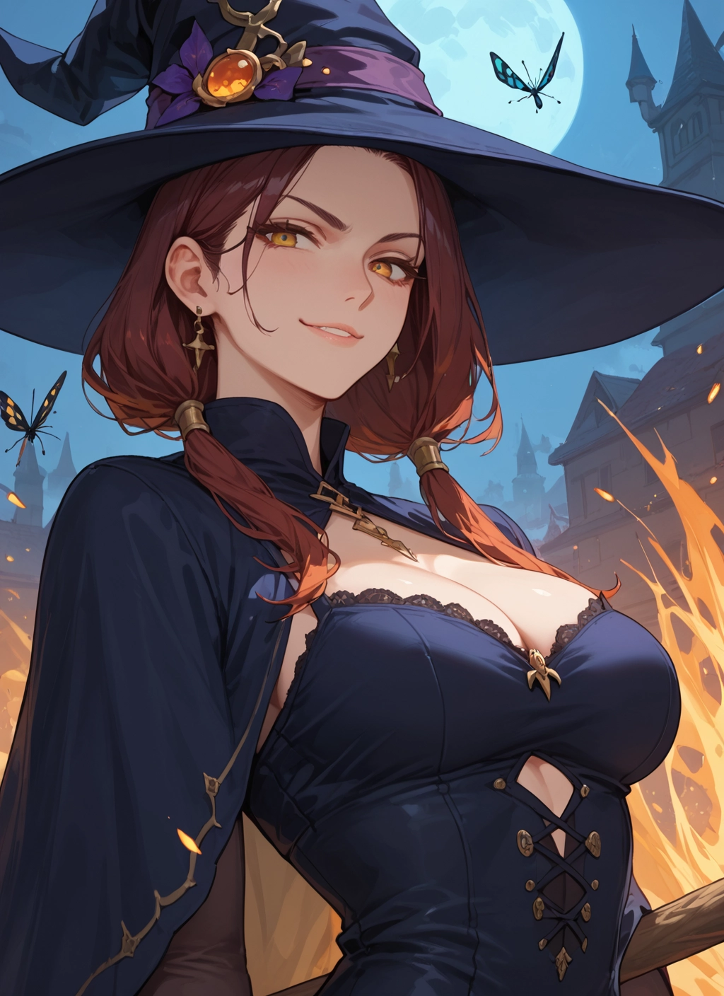 1girl, breasts, hat, witch hat, earrings, solo · Yamete.gg