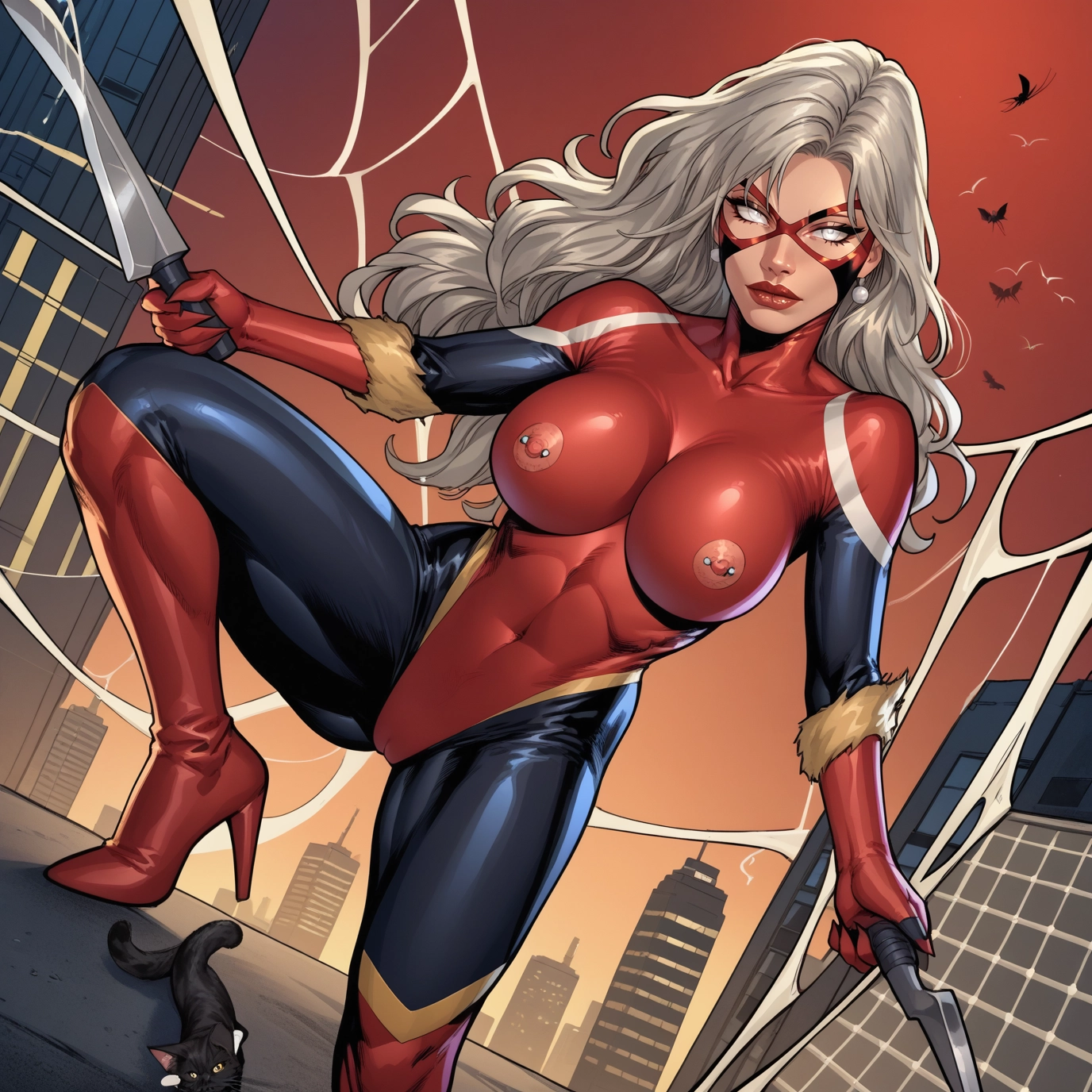 1girl, nipple piercing, cat, piercing, bodysuit, breasts · Yamete.gg