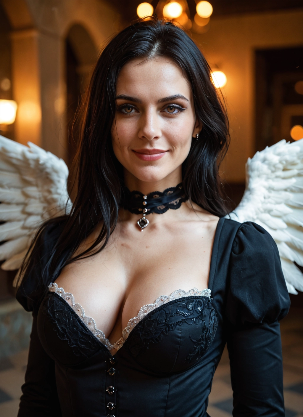 1girl, wings, breasts, solo, cleavage, black hair · Yamete.gg