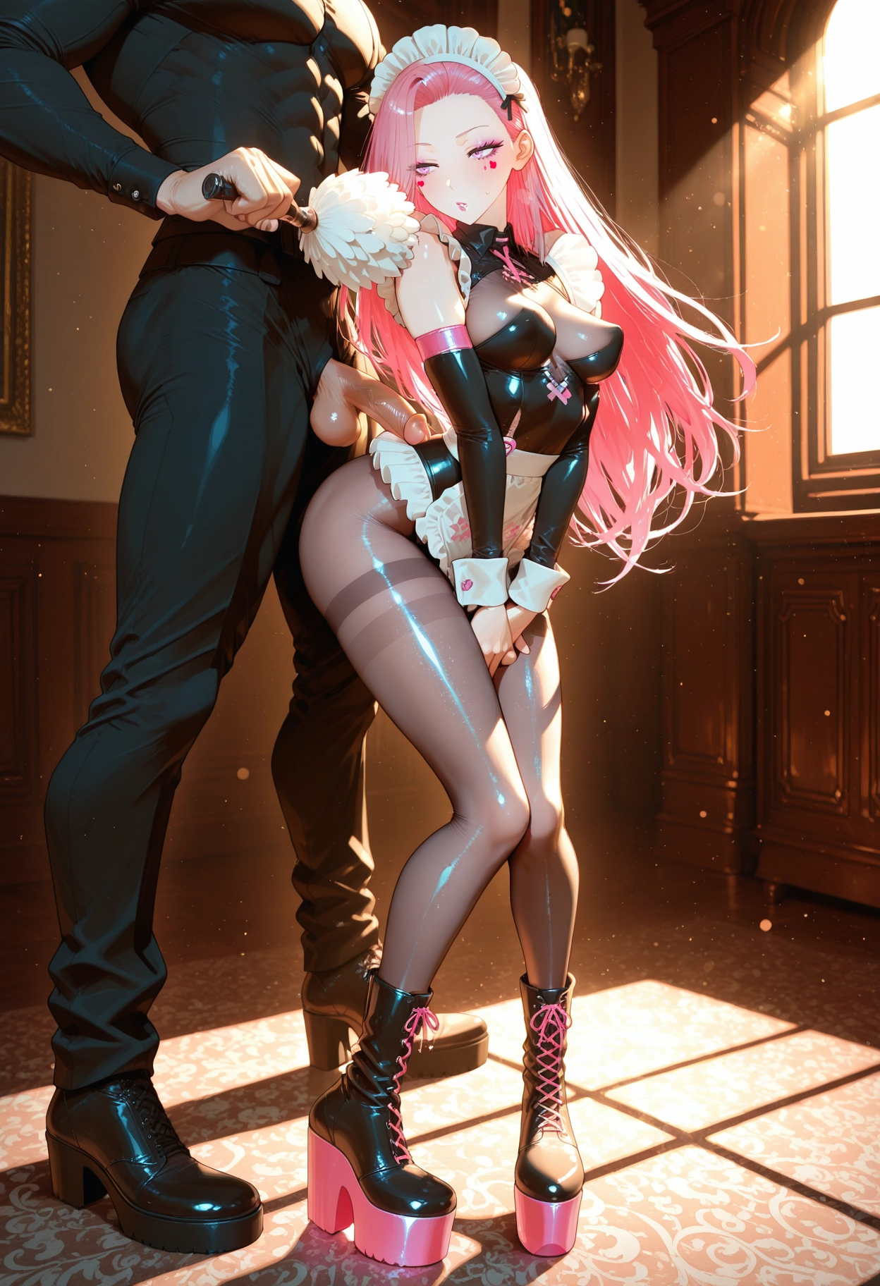 1girl, 1boy, platform footwear, breasts, pink hair, maid headdress · Yamete.gg