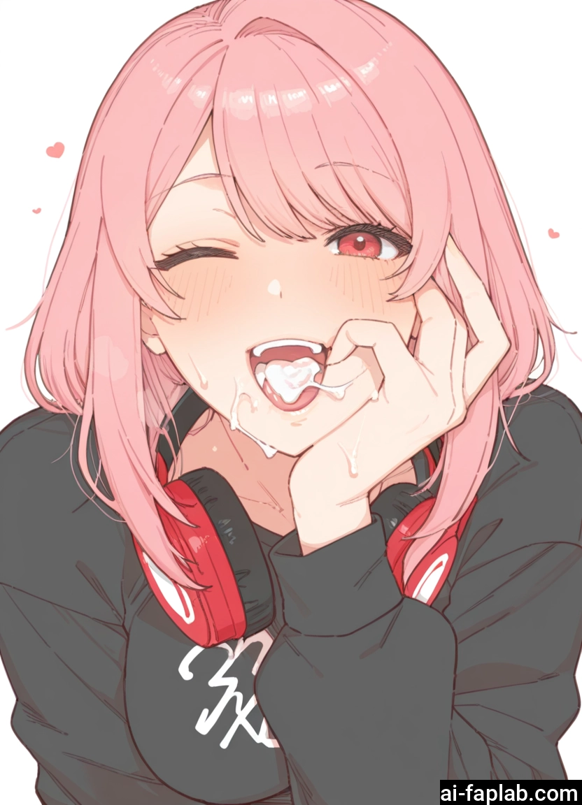 1girl, pink hair, solo, headphones, one eye closed, cum