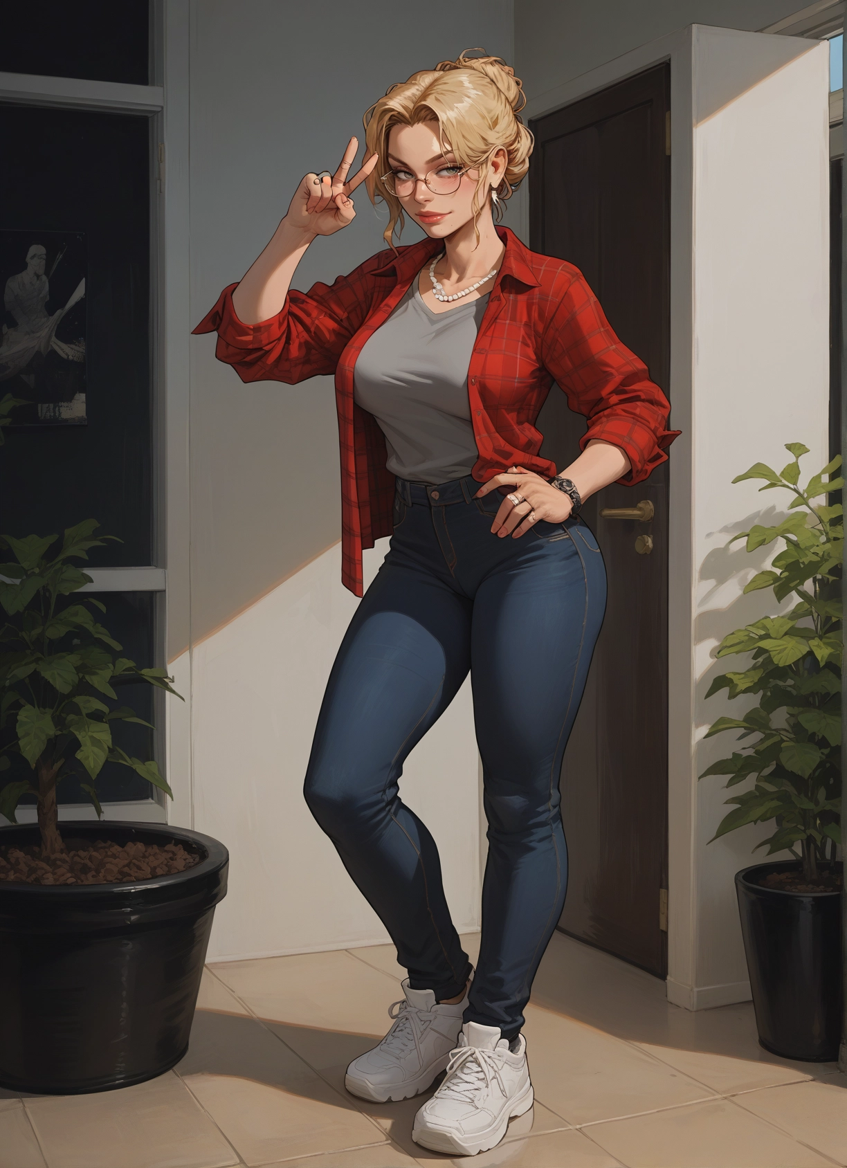 1girl, blonde hair, pants, jewelry, glasses, v · Yamete.gg