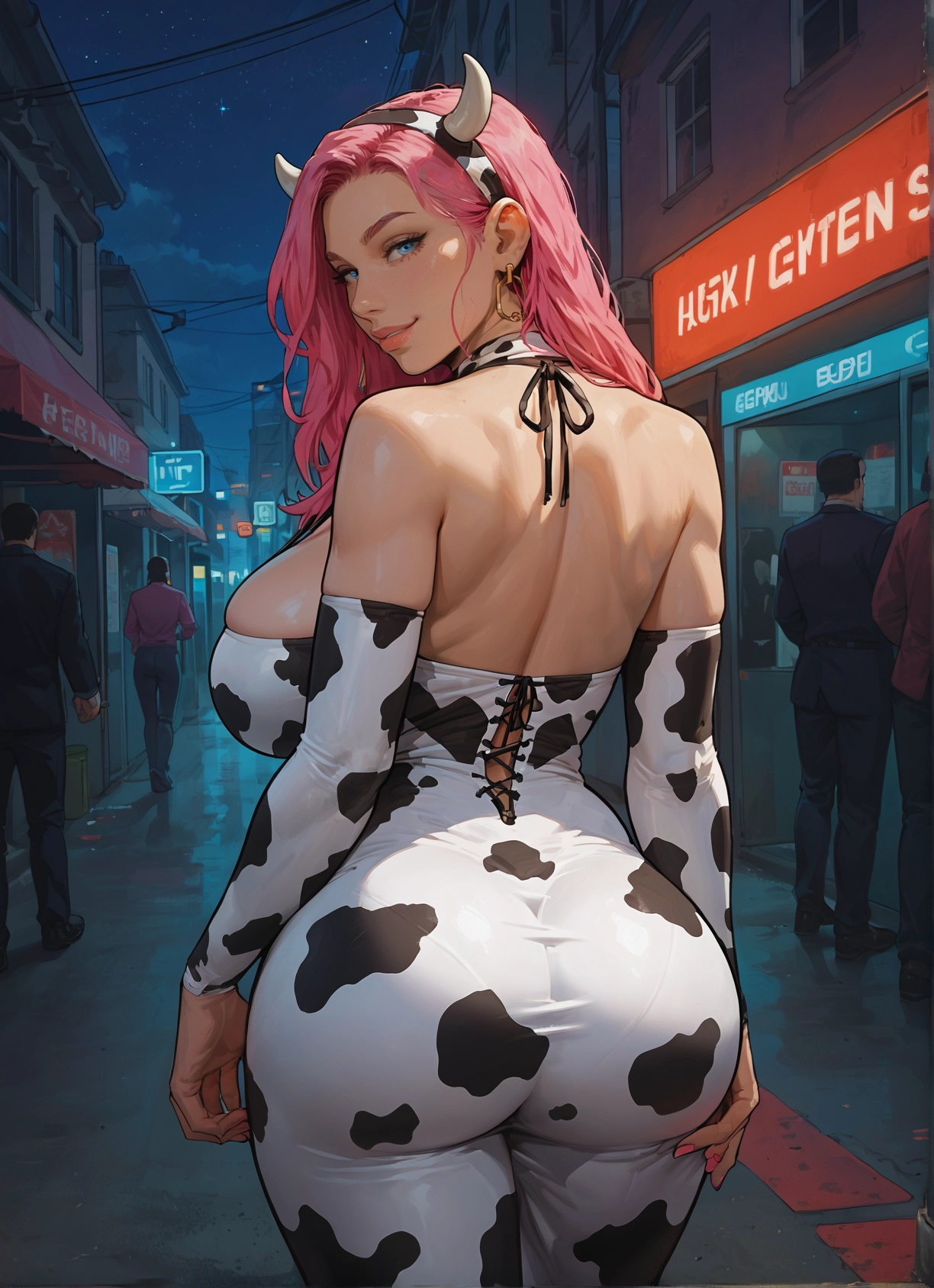ass, breasts, animal print, pink hair, cow print, 1girl · Yamete.gg
