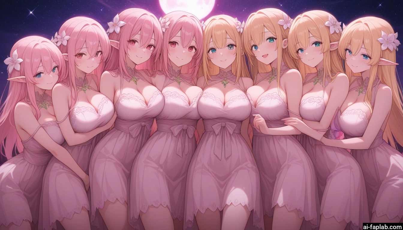breasts, multiple girls, pointy ears, dress, large breasts, long hair · Yamete.gg