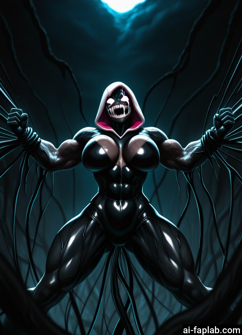 1girl, breasts, muscular, muscular female, hood, solo