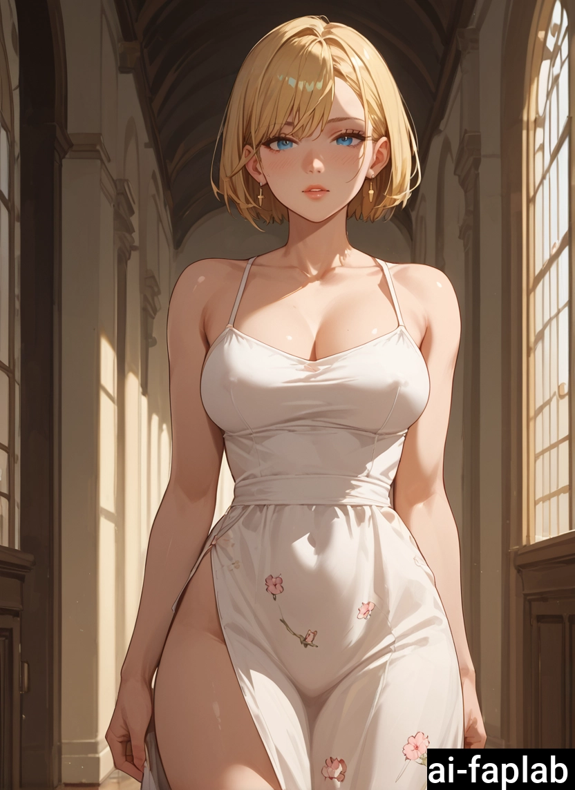 1girl, breasts, solo, blonde hair, dress, blue eyes