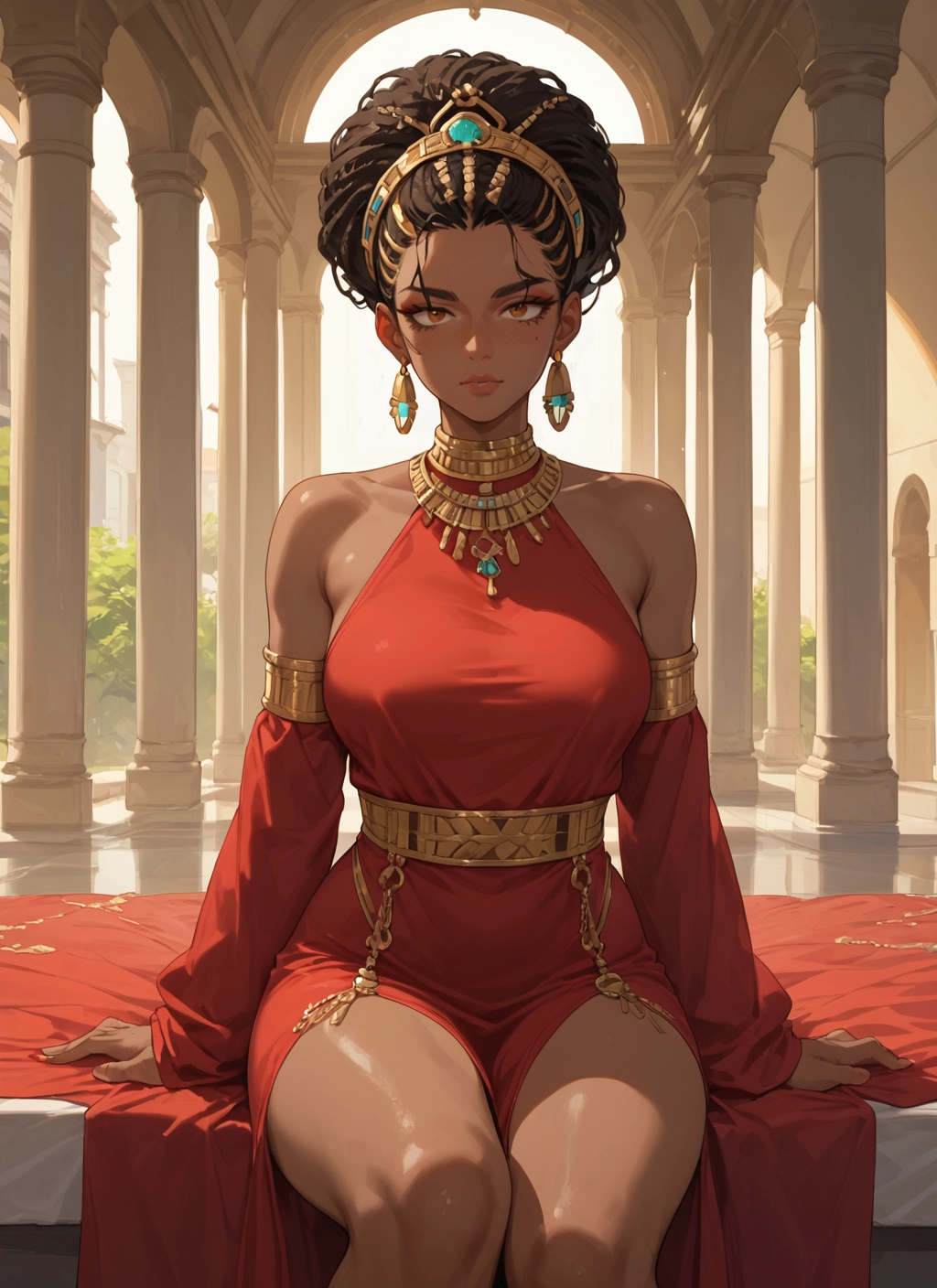 1girl, solo, jewelry, dark-skinned female, breasts, sitting · Yamete.gg