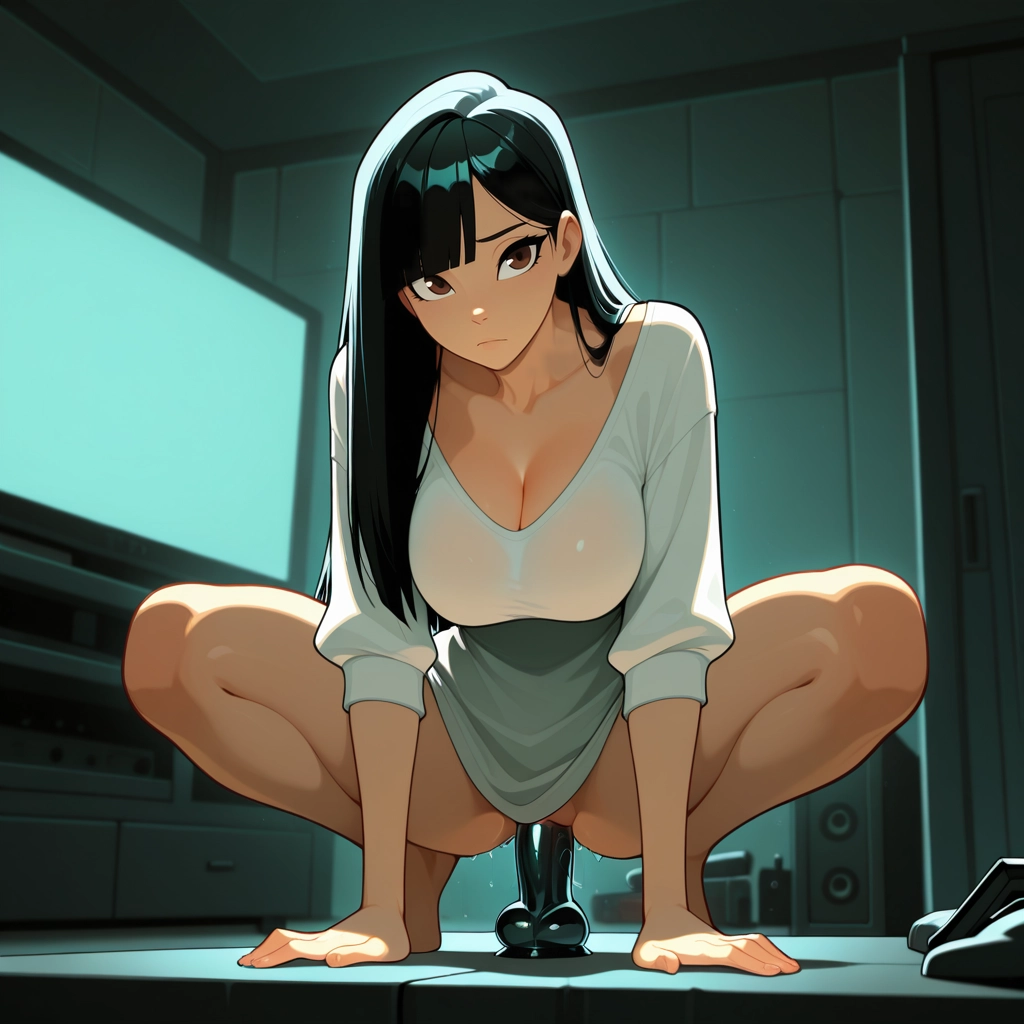 1girl, solo, dildo, dildo riding, breasts, black hair · Yamete.gg