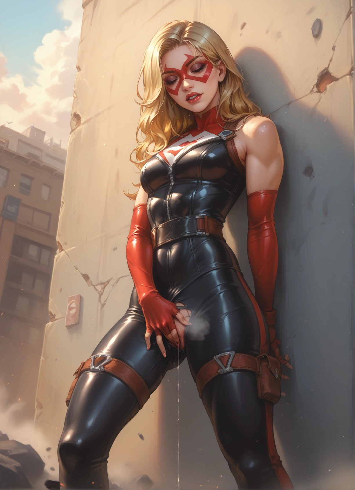 1girl, blonde hair, solo, gloves, mask, pussy juice · Yamete.gg