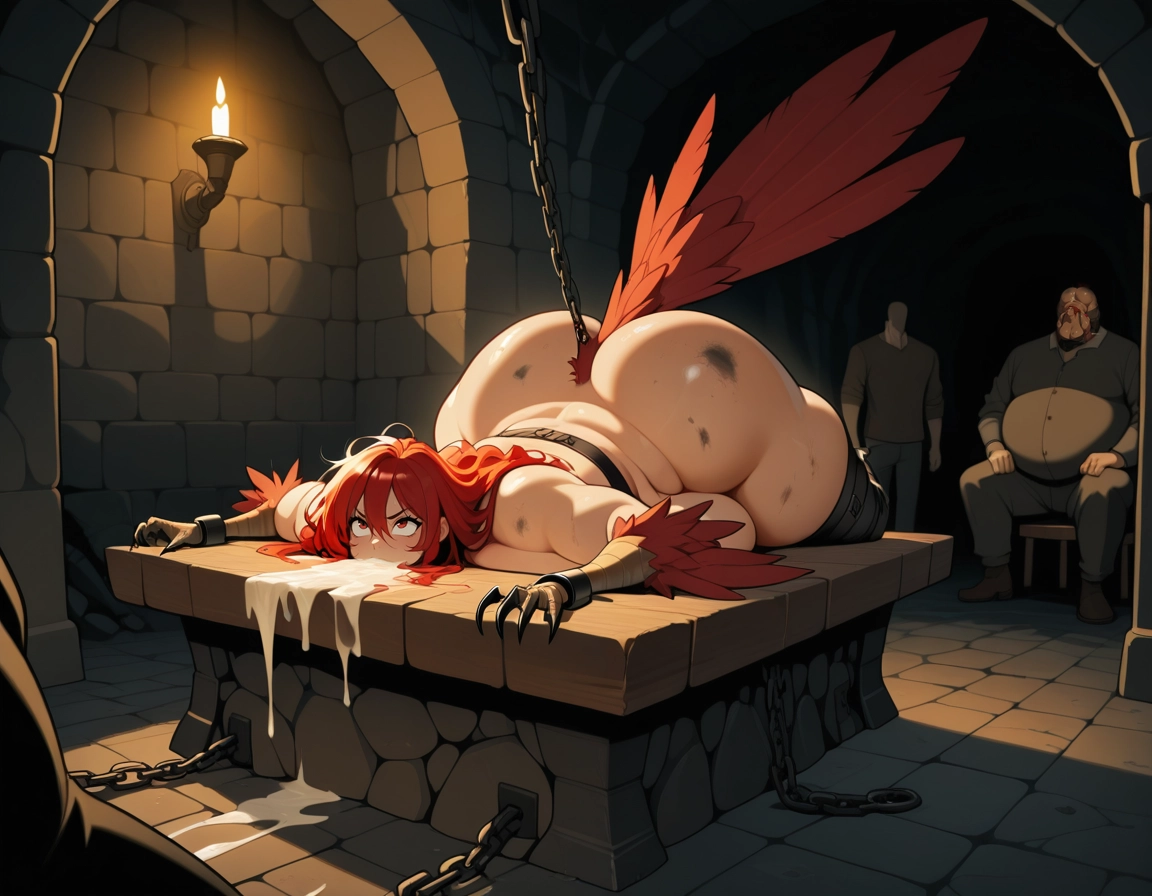 1girl, red hair, chain, long hair, tail, wings · Yamete.gg