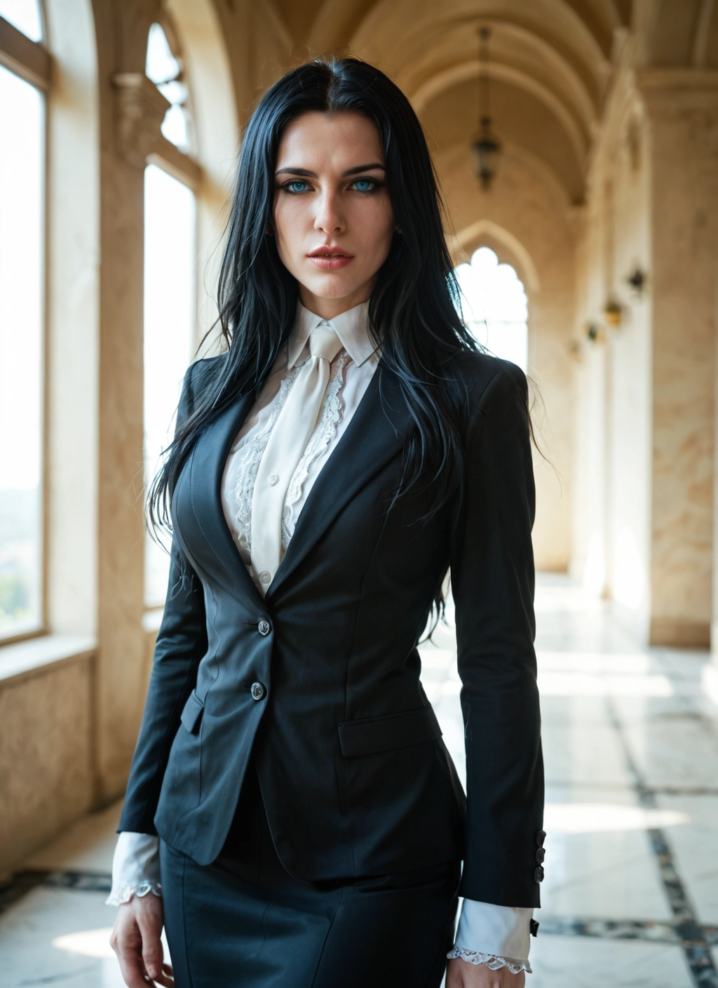 1girl, solo, black hair, formal, blue eyes, long hair · Yamete.gg