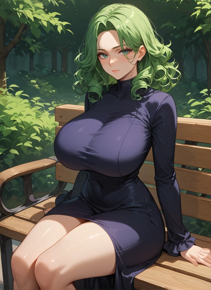1girl, breasts, dress, sitting, green hair, bench · Yamete.gg