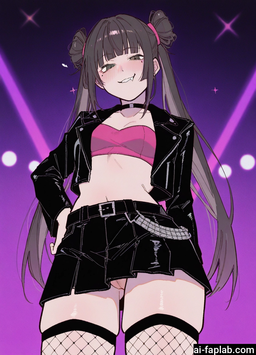 1girl, solo, twintails, pussy, fishnets, jacket · Yamete.gg