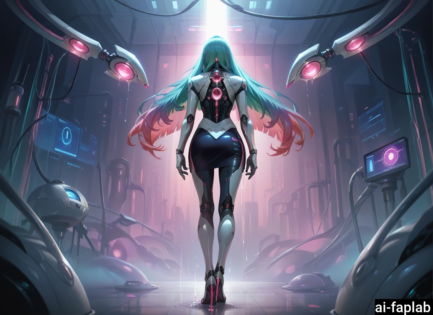 1girl, long hair, ass, from behind, multicolored hair, solo