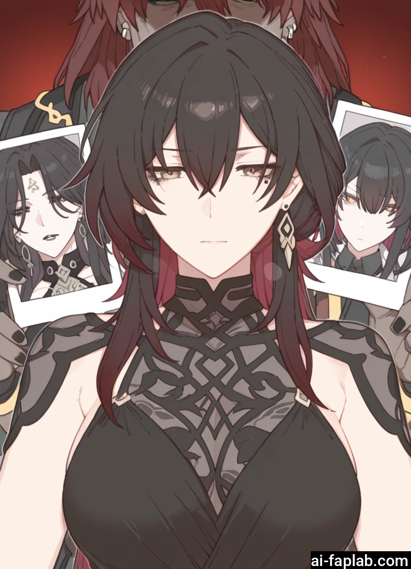 jewelry, black hair, earrings, yellow eyes, multicolored hair, breasts
