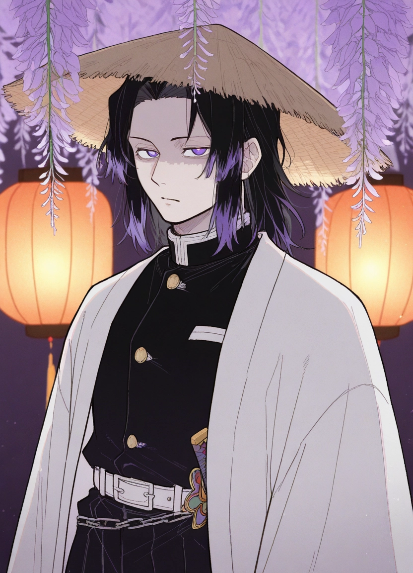 demon slayer uniform, solo, lantern, purple eyes, multicolored hair, black hair