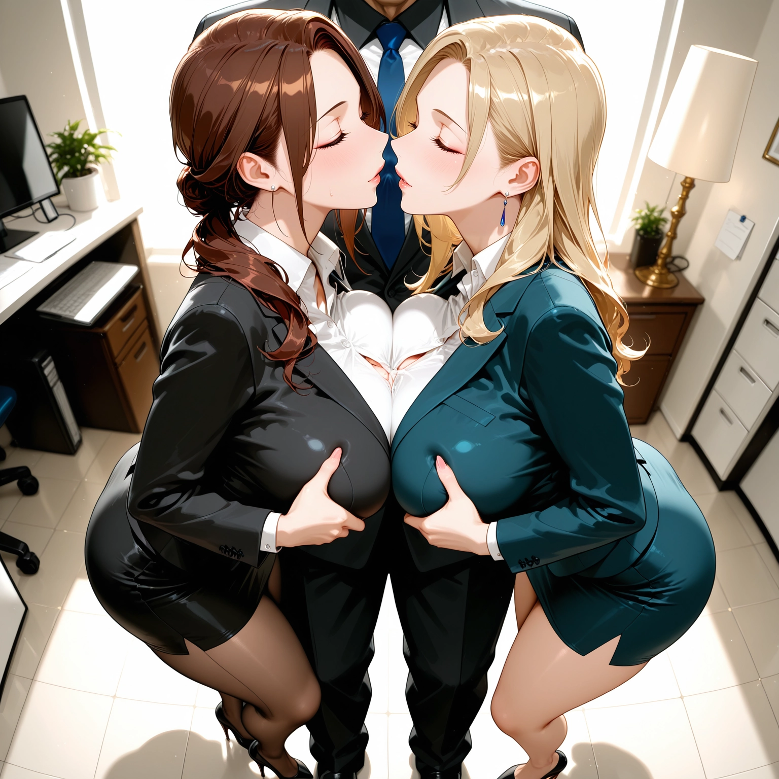 multiple girls, breasts, 2girls, earrings, skirt, office lady · Yamete.gg