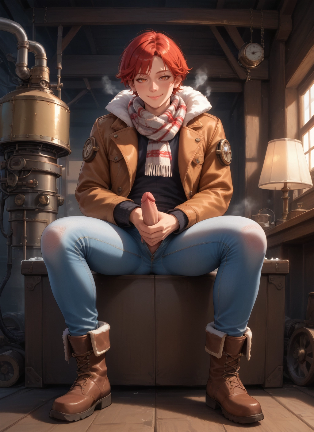 scarf, penis, solo, boots, sitting, pants · Yamete.gg