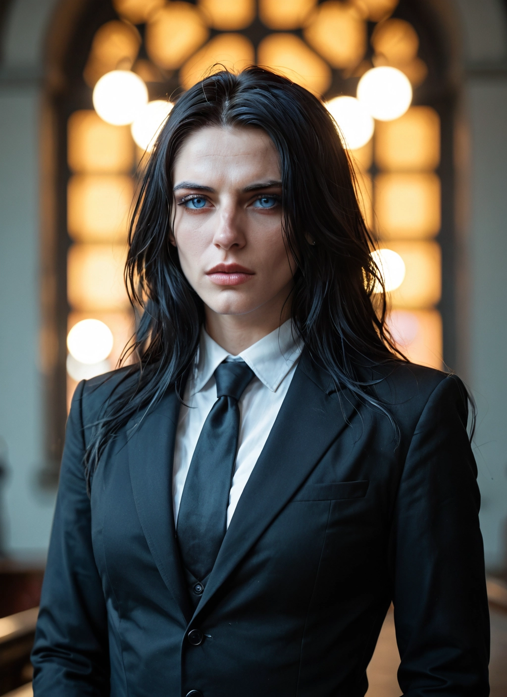 1girl, solo, necktie, blue eyes, black hair, formal · Yamete.gg