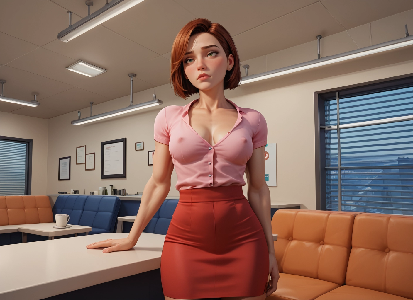 1girl, breasts, skirt, brown hair, solo, short hair