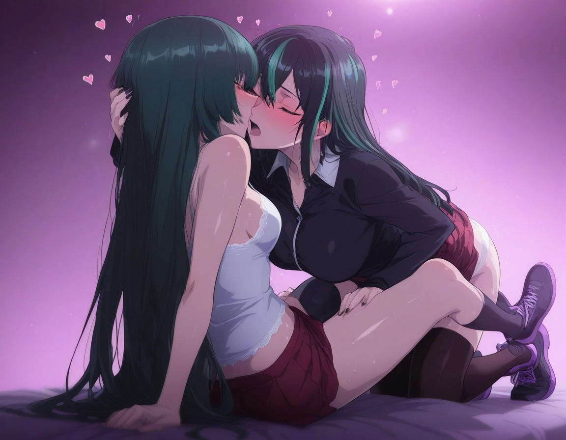multiple girls, breasts, 2girls, green hair, long hair, thighhighs · Yamete.gg