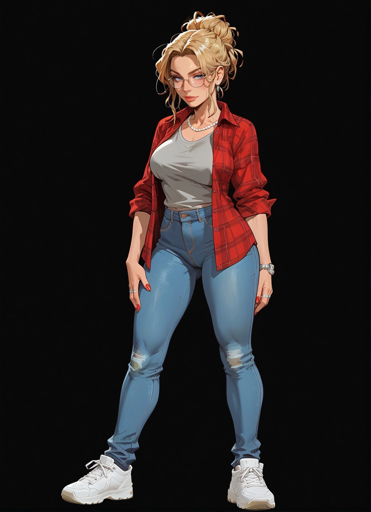 1girl, jewelry, pants, blonde hair, blue eyes, solo · Yamete.gg