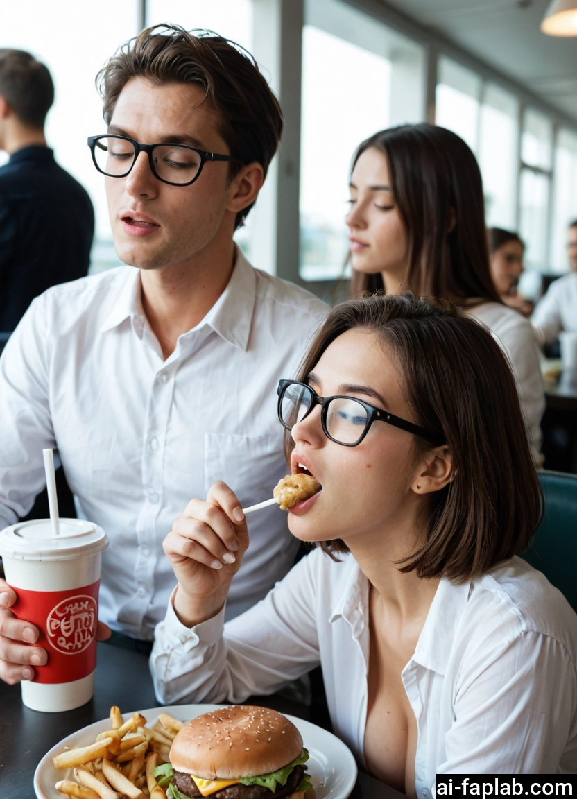 food, burger, glasses, breasts, french fries, multiple girls