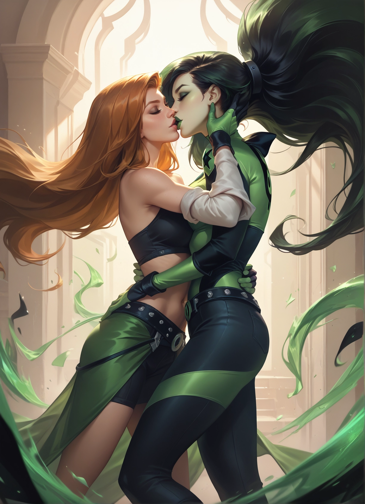 multiple girls, 2girls, yuri, long hair, kiss, green hair · Yamete.gg