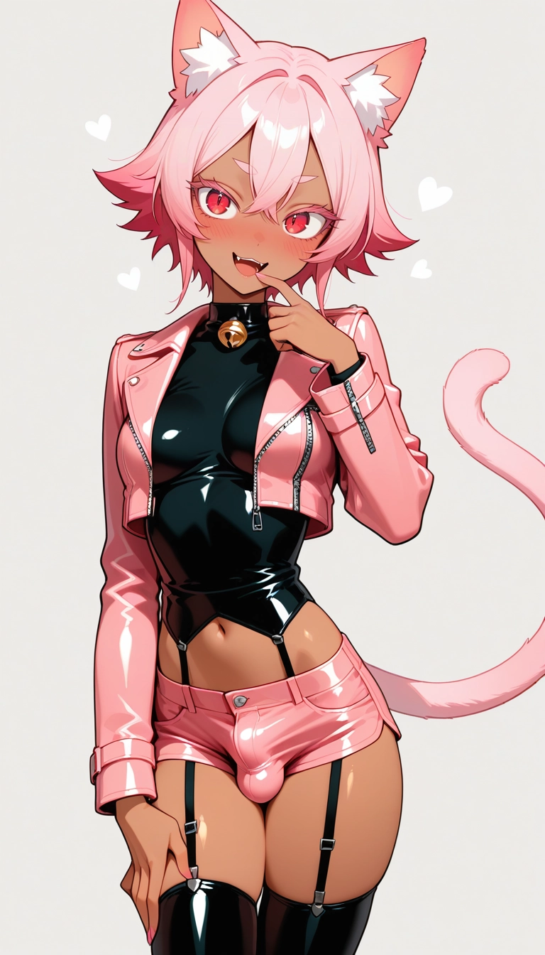 dark skin, pink hair, solo, jacket, animal ears, tail