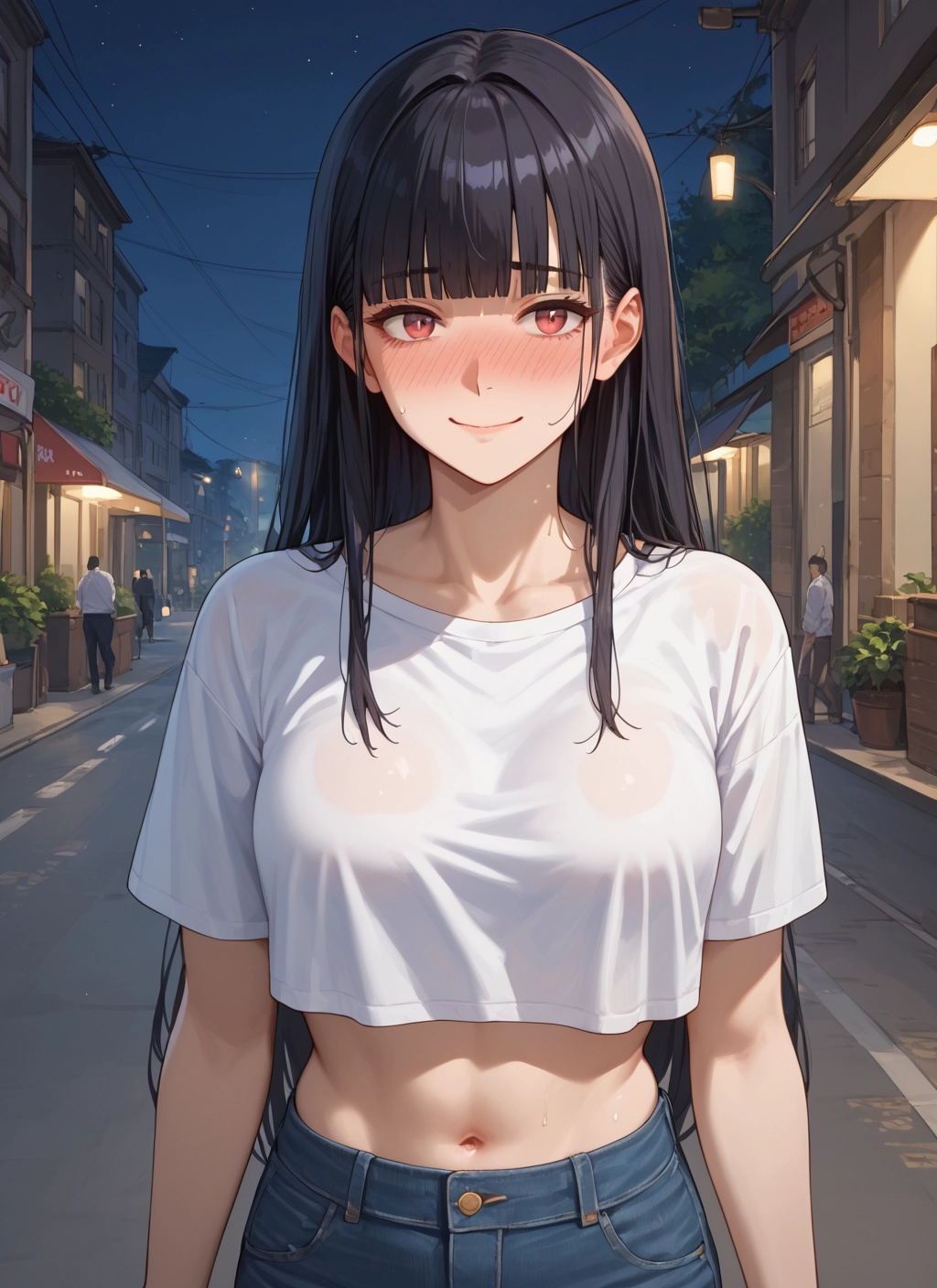 long hair, navel, blush, black hair, shirt, breasts · Yamete.gg