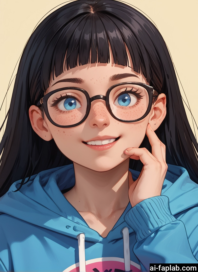 1girl, solo, glasses, blue eyes, freckles, black hair · Yamete.gg