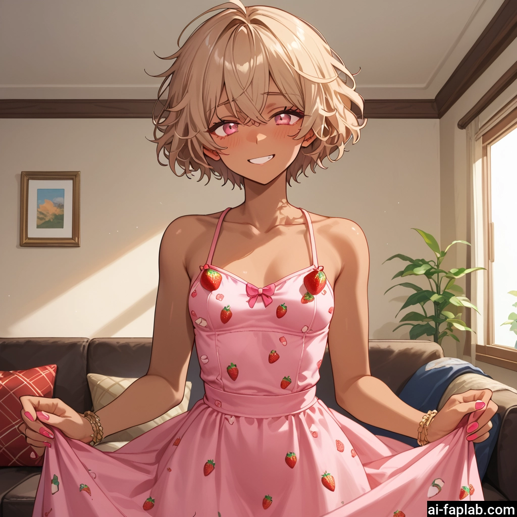 1girl, smile, dress, solo, short hair, food print · Yamete.gg