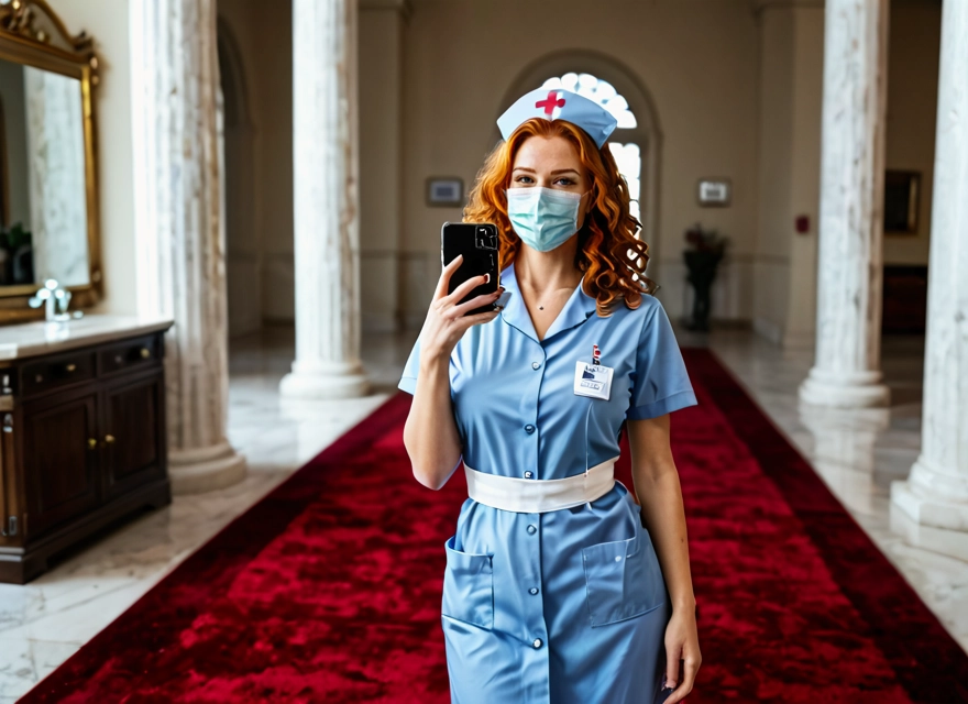 1girl, mask, hat, mouth mask, nurse cap, phone · Yamete.gg