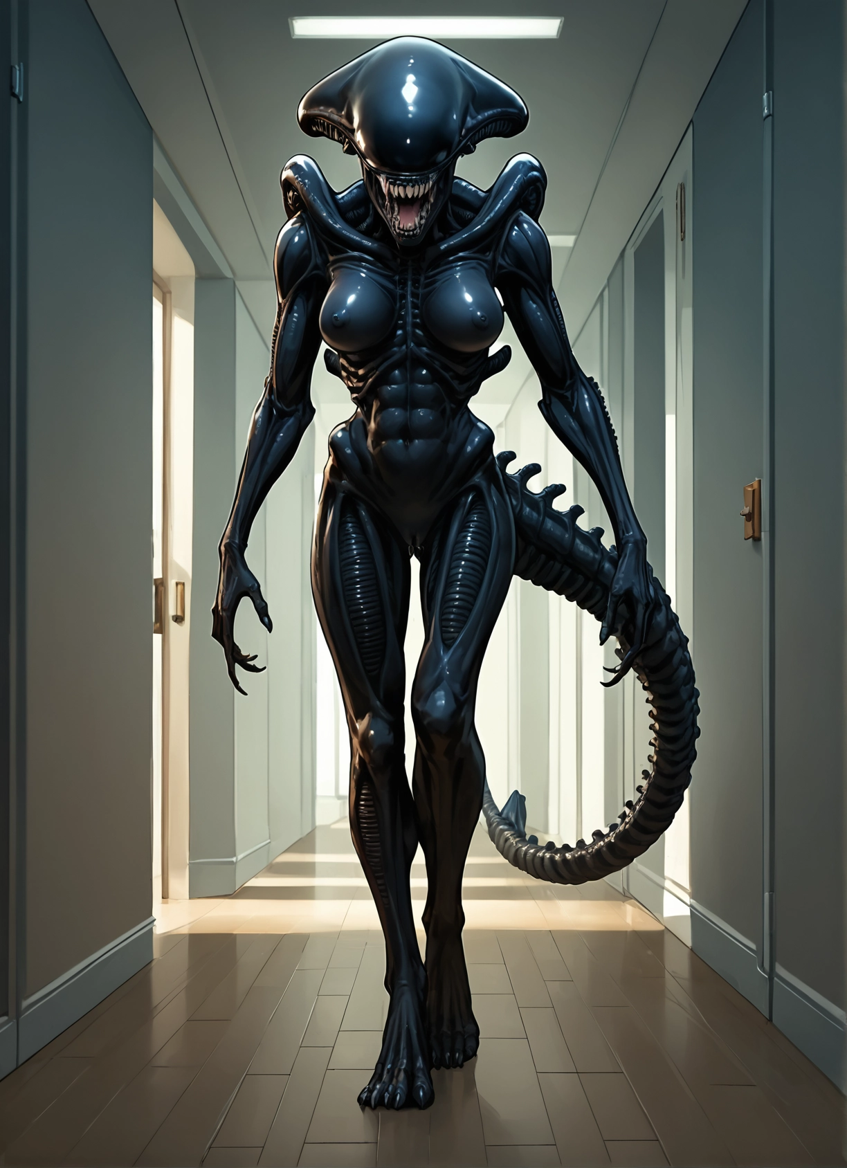 1girl, tail, breasts, teeth, solo, sharp teeth · Yamete.gg
