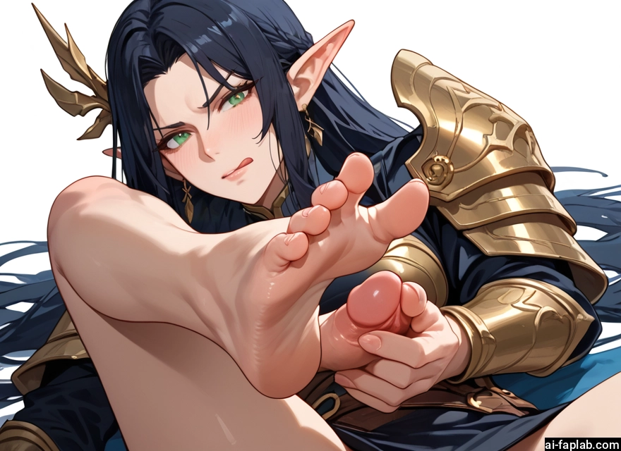 futanari, pointy ears, feet, 1girl, barefoot, green eyes · Yamete.gg